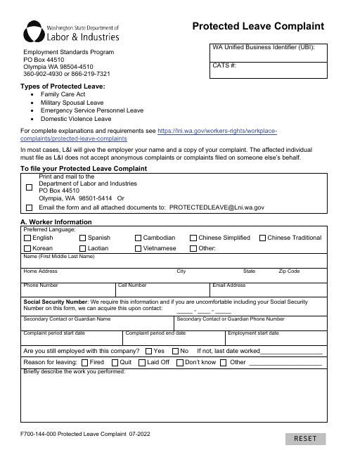 Form F700-144-000 Protected Leave Complaint - Washington