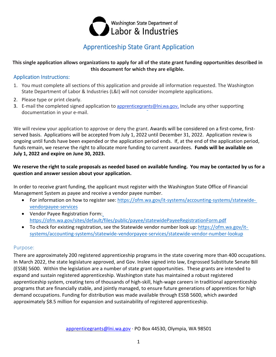 Apprenticeship State Grant Application - Washington, Page 1