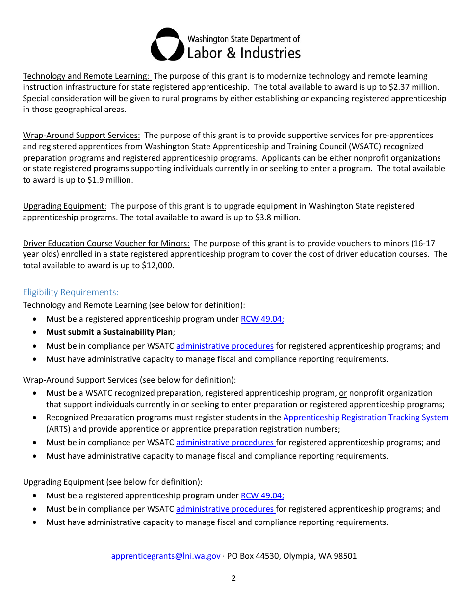 Apprenticeship State Grant Application - Washington, Page 2
