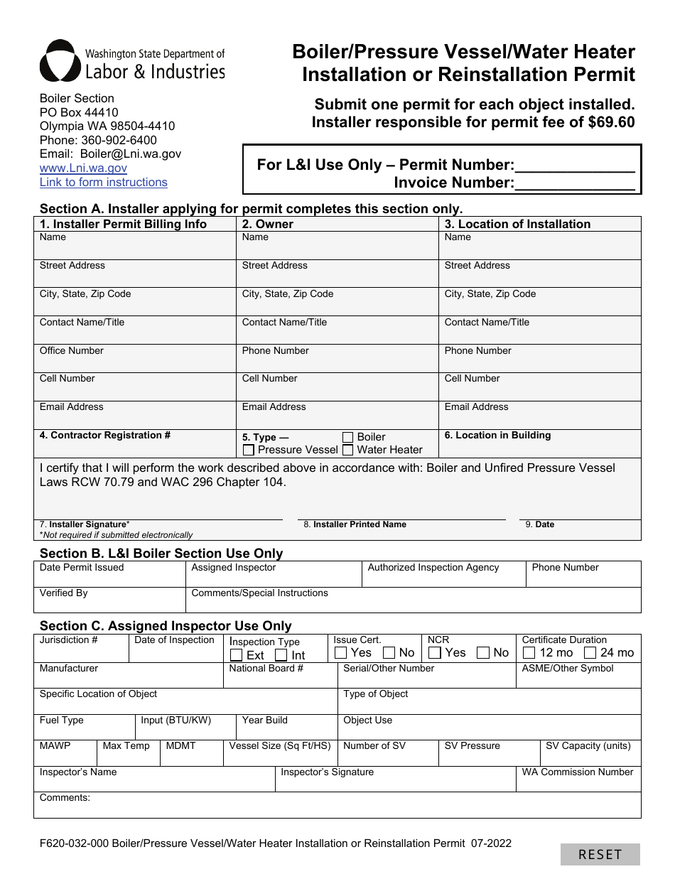 Form F620-032-000 Boiler / Pressure Vessel / Water Heater Installation or Reinstallation Permit - Washington, Page 1