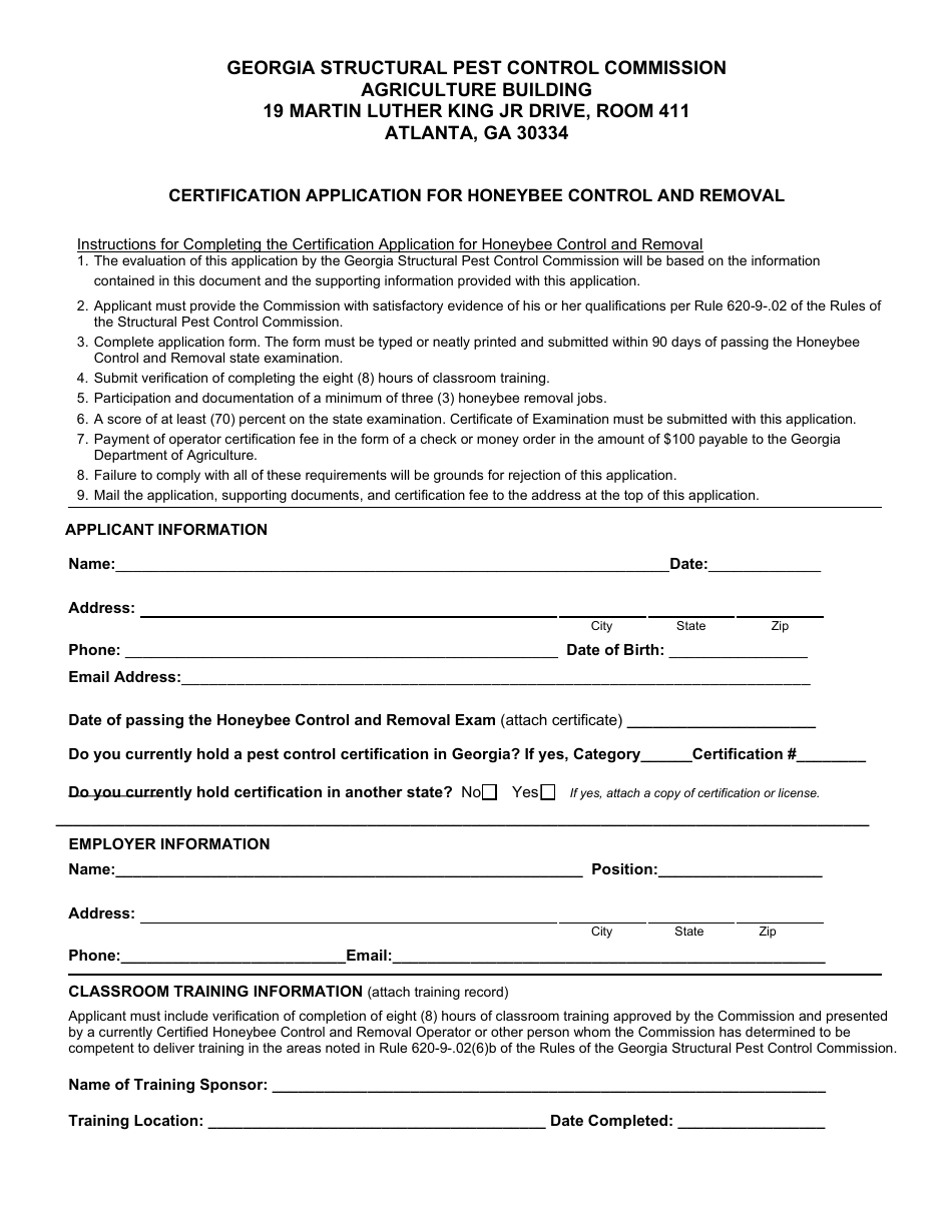 Form SPCC:22-03 Certification Application for Honeybee Control and Removal - Georgia (United States), Page 1