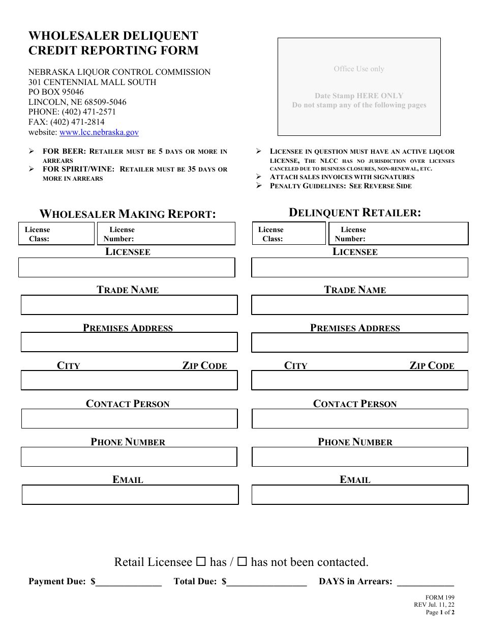 Form 199 Wholesaler Deliquent Credit Reporting Form - Nebraska, Page 1