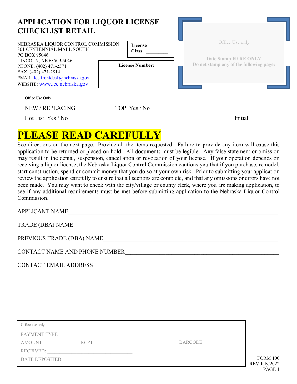 Form 100 Application for Liquor License - Retail - Nebraska, Page 1