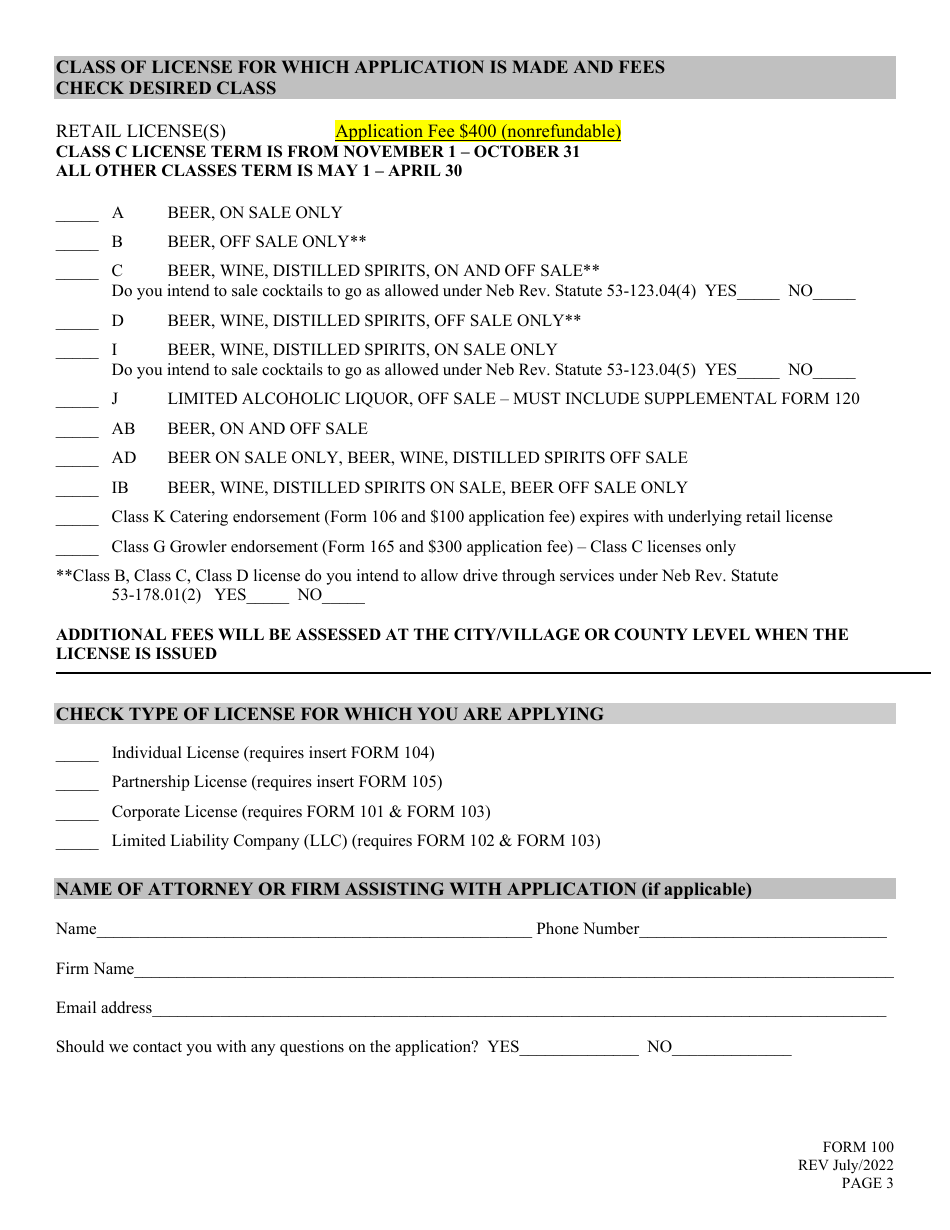 Form 100 Application for Liquor License - Retail - Nebraska, Page 3