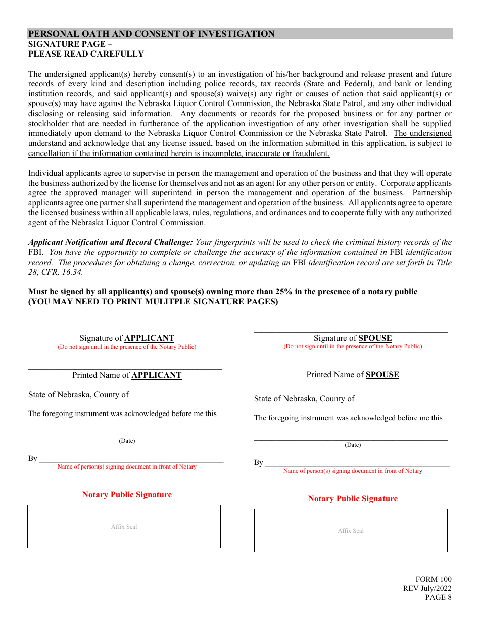 Form 100 Application for Liquor License - Retail - Nebraska, Page 8