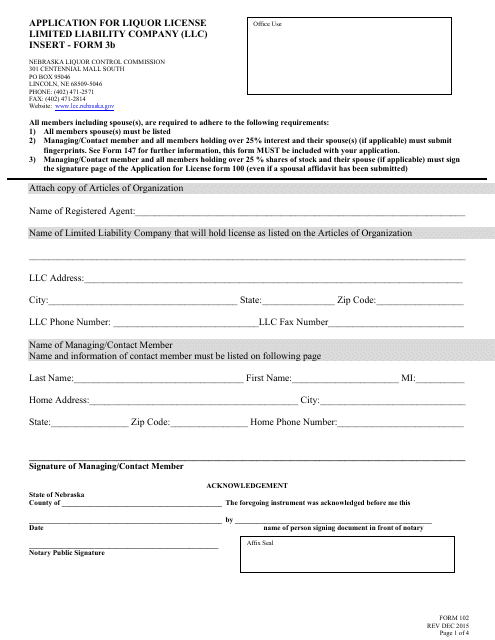 Form 102 (3B) Application for Liquor License Limited Liability Company (LLC) - Nebraska
