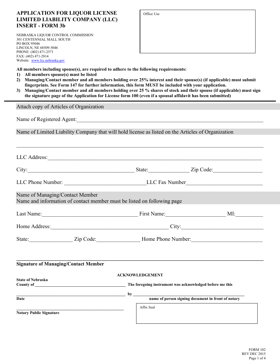 Form 102 (3B) Application for Liquor License Limited Liability Company (LLC) - Nebraska, Page 1