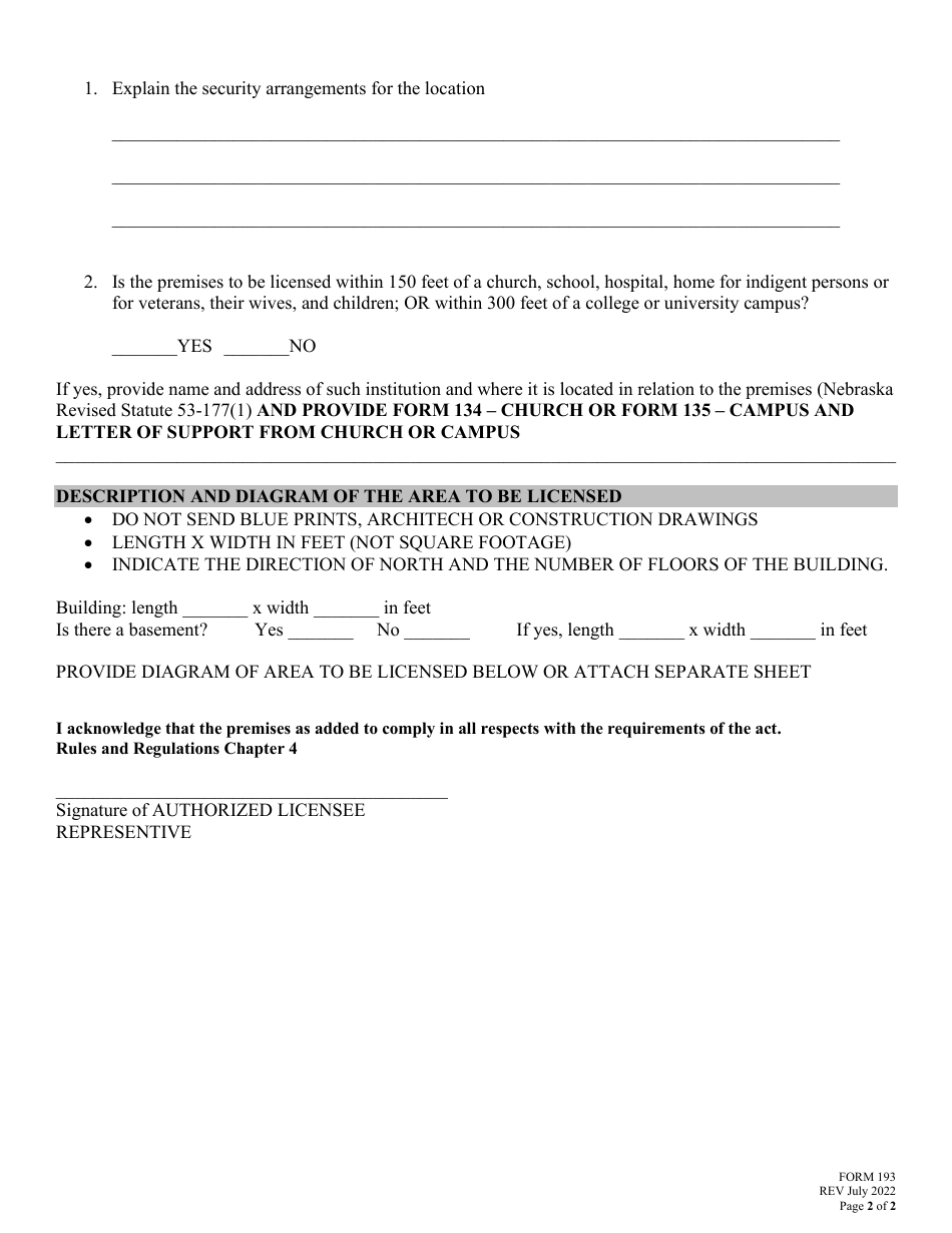 Form 193 Temporary Offsite Storage Retail Liquor License - Nebraska, Page 2
