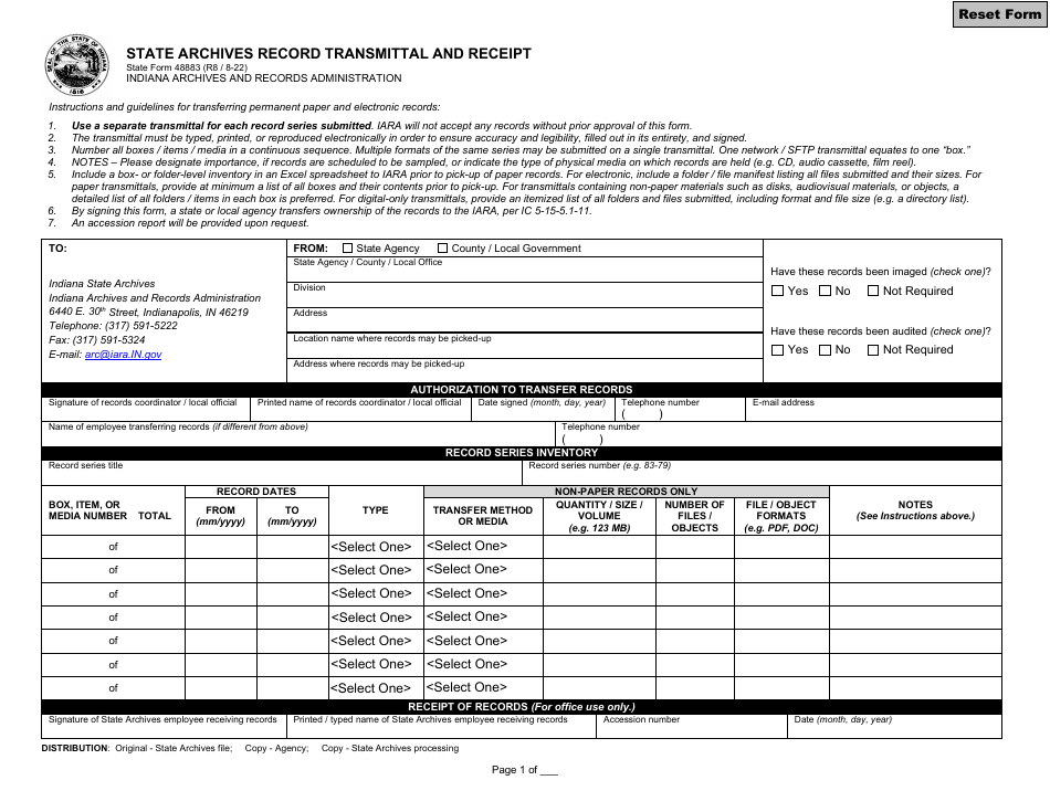 State Form 48883 State Archives Record Transmittal and Receipt - Indiana, Page 1