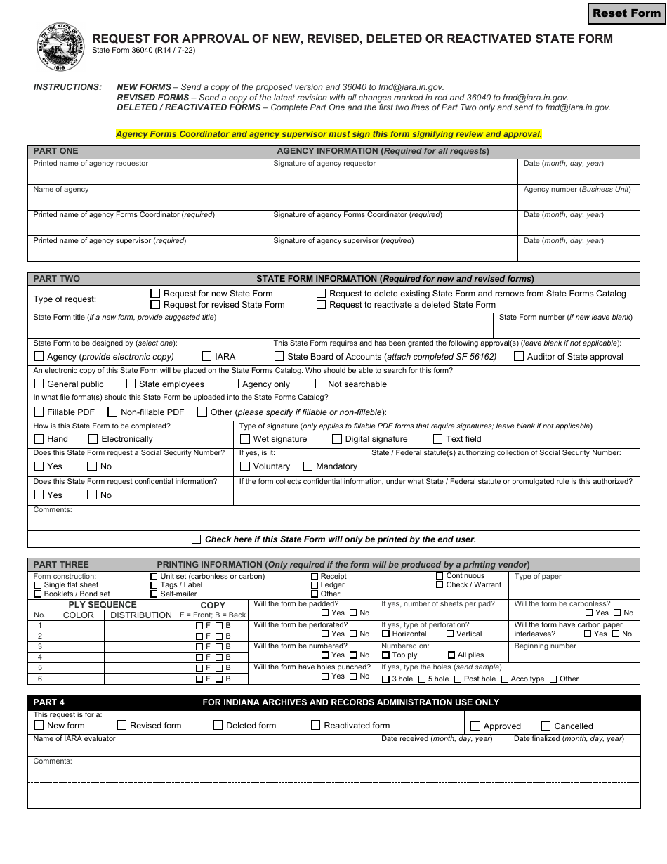 State Form 36040 Request for Approval of New, Revised, Deleted or Reactivated State Form - Indiana, Page 1
