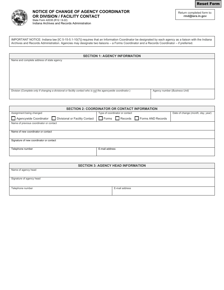 State Form 42035 Notice of Change of Agency Coordinator or Division / Facility Contact - Indiana, Page 1