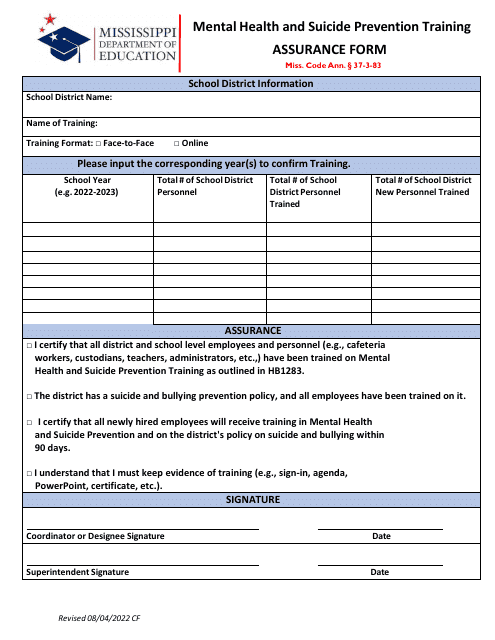 Mental Health and Suicide Prevention Training Assurance Form - Mississippi