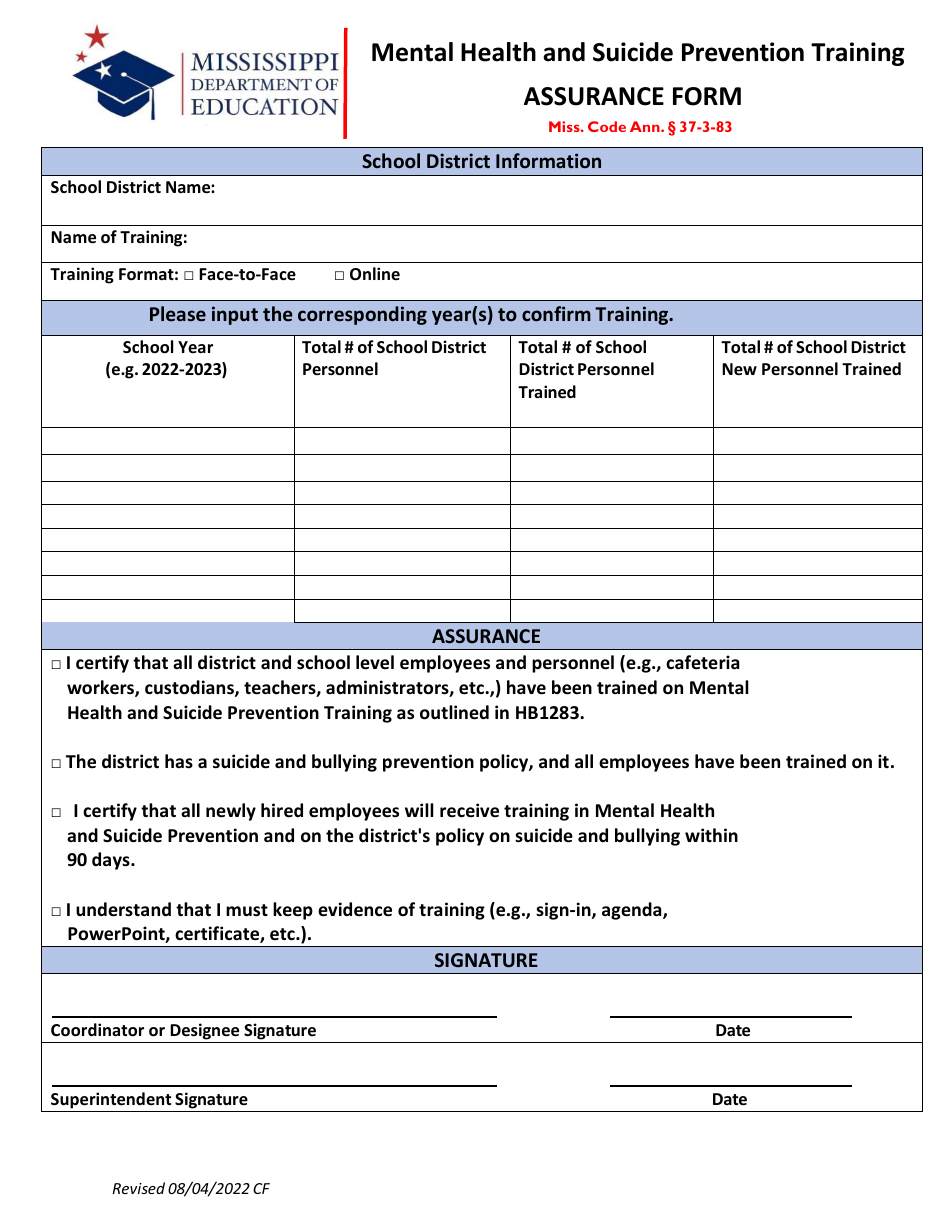 Mental Health and Suicide Prevention Training Assurance Form - Mississippi, Page 1