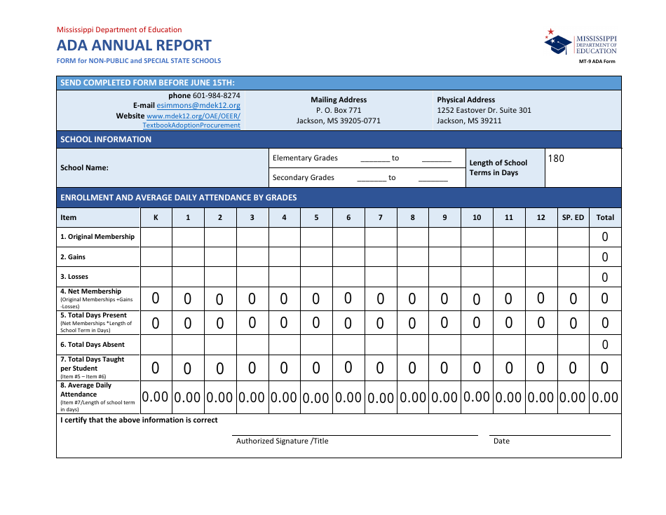 Form MT-9 Ada Annual Report for Non-public and Special State Schools - Mississippi, Page 1