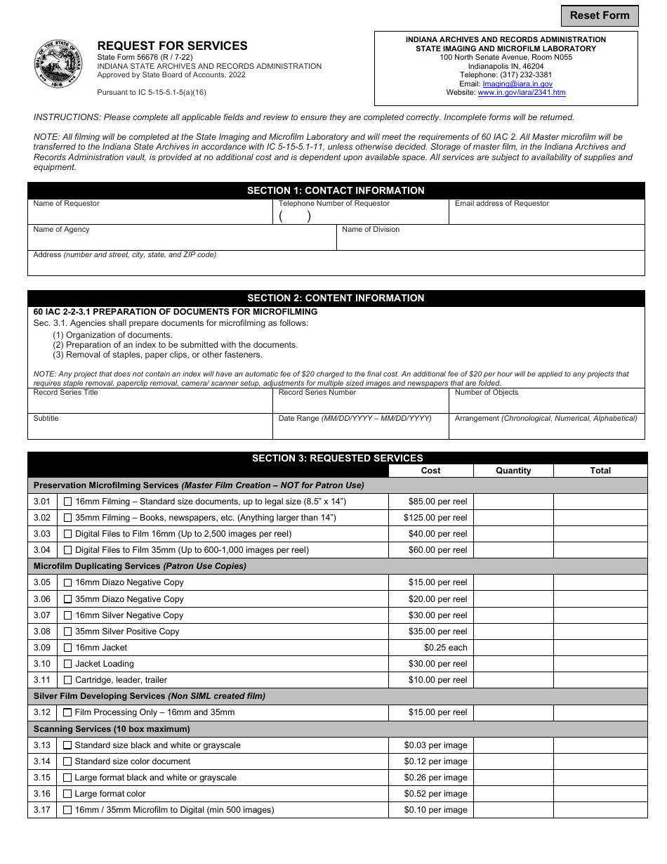 State Form 56676 Request for Services - Indiana, Page 1