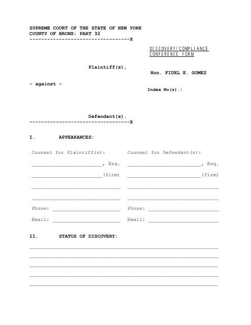 Discovery/Compliance Conference Form - Bronx County, New York