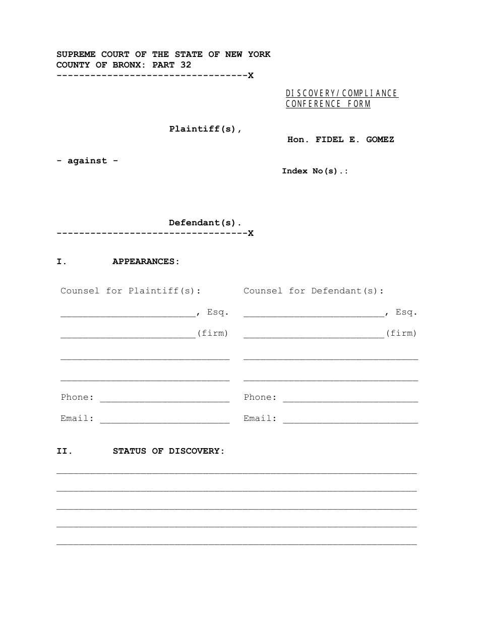 Discovery / Compliance Conference Form - Bronx County, New York, Page 1