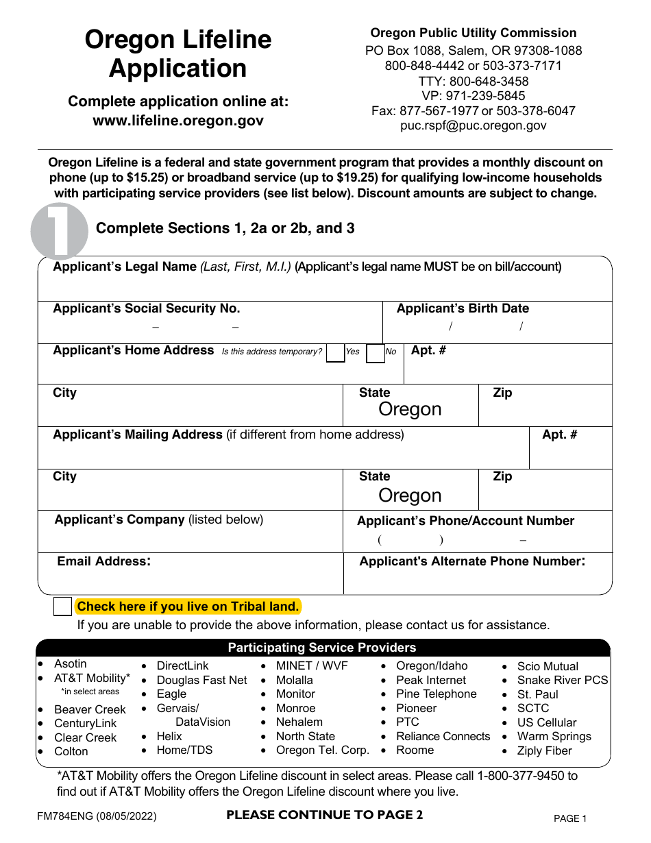 Form FM784ENG Oregon Lifeline Application - Oregon, Page 1
