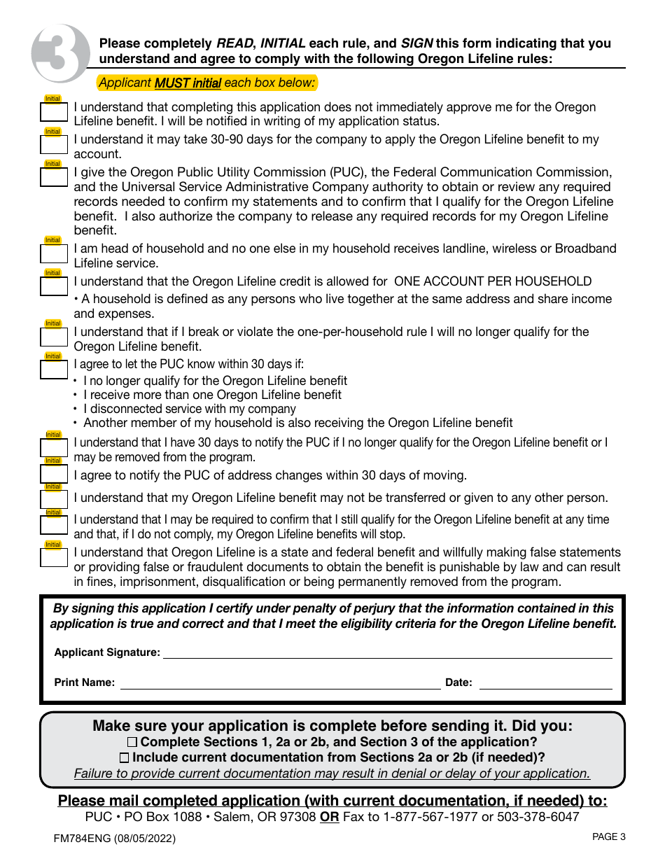 Form FM784ENG Oregon Lifeline Application - Oregon, Page 3