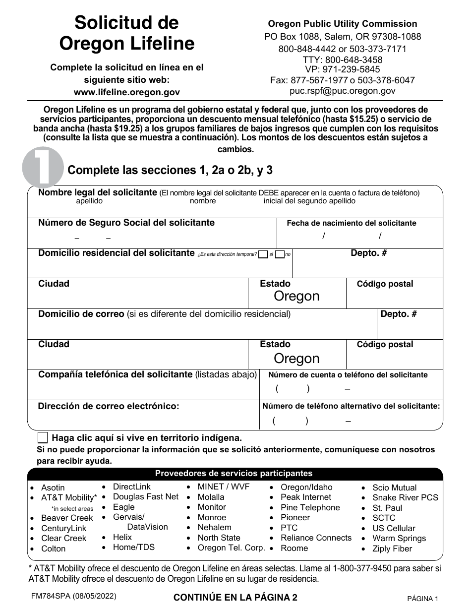 Formulario FM784SPA Solicitud De Oregon Lifeline - Oregon (Spanish), Page 1