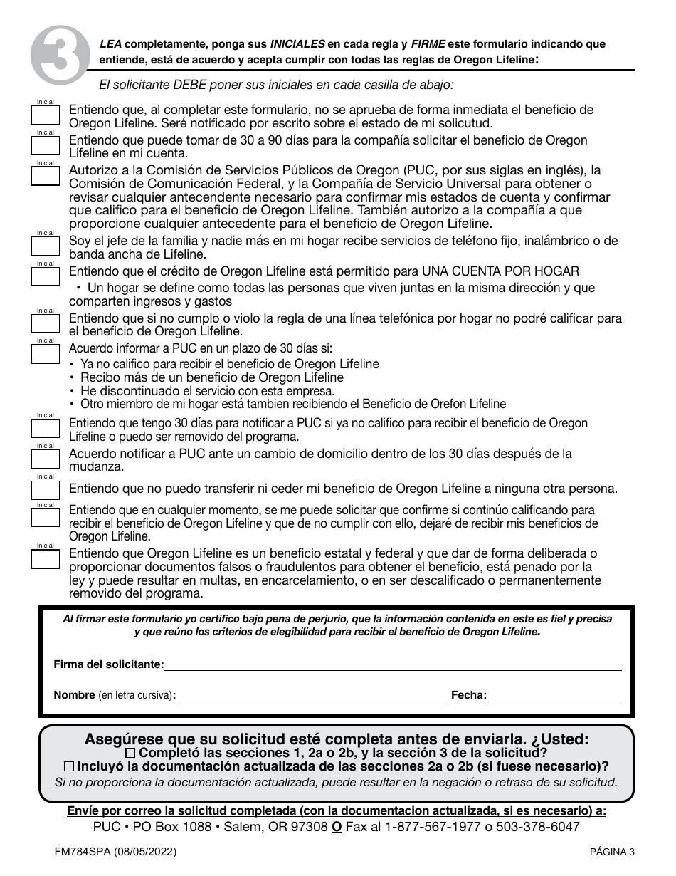 Formulario FM784SPA Solicitud De Oregon Lifeline - Oregon (Spanish), Page 3