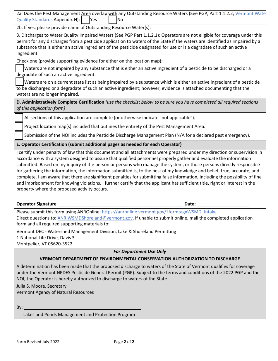 Notice of Intent (Noi) for Coverage Under the Pesticide General Permit (Pgp) for Discharges From the Application of Pesticides to Waters of the State of Vermont - Vermont, Page 2