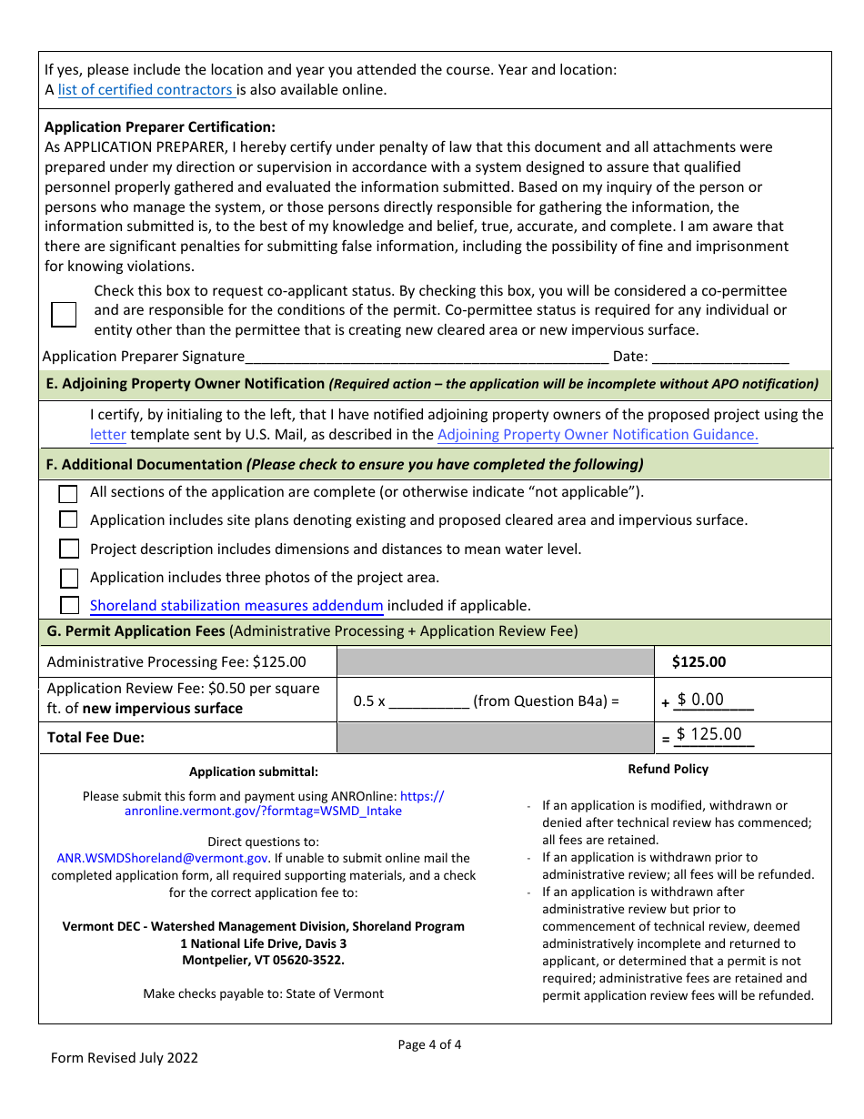 Shoreland Protection Permit Application - Vermont, Page 4
