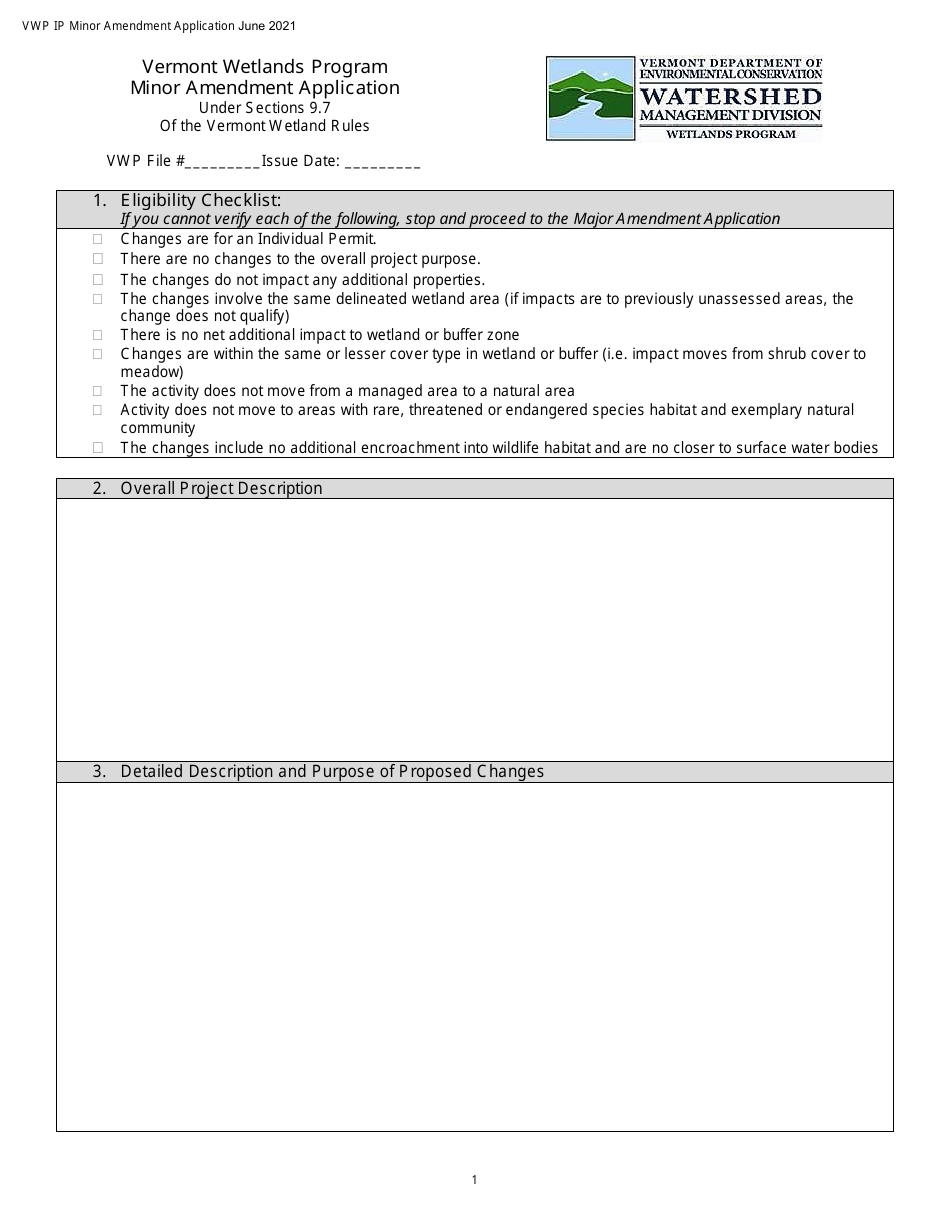 Minor Amendment Application - Vermont Wetlands Program - Vermont, Page 1