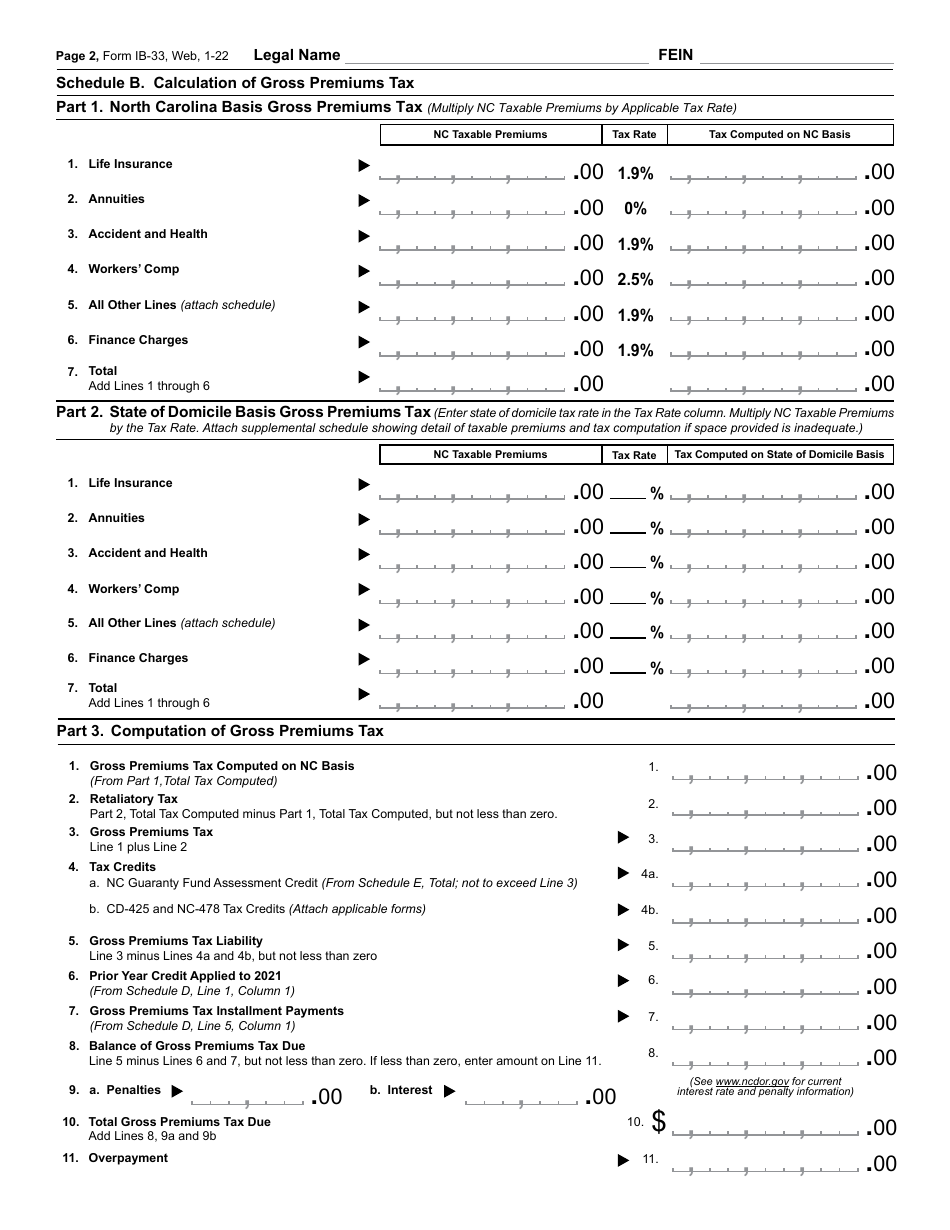 Form IB-33 Gross Premiums Tax Return - Property and Casualty Companies - North Carolina, Page 3