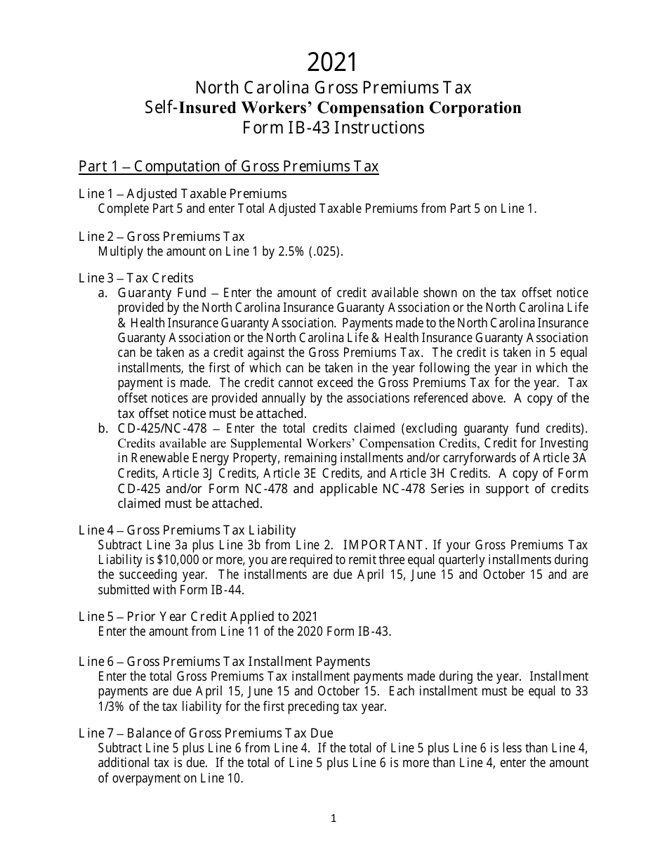 Instructions for Form IB-43 Gross Premiums Tax Return - Self-insured Workers Compensation Corporation - North Carolina, Page 1