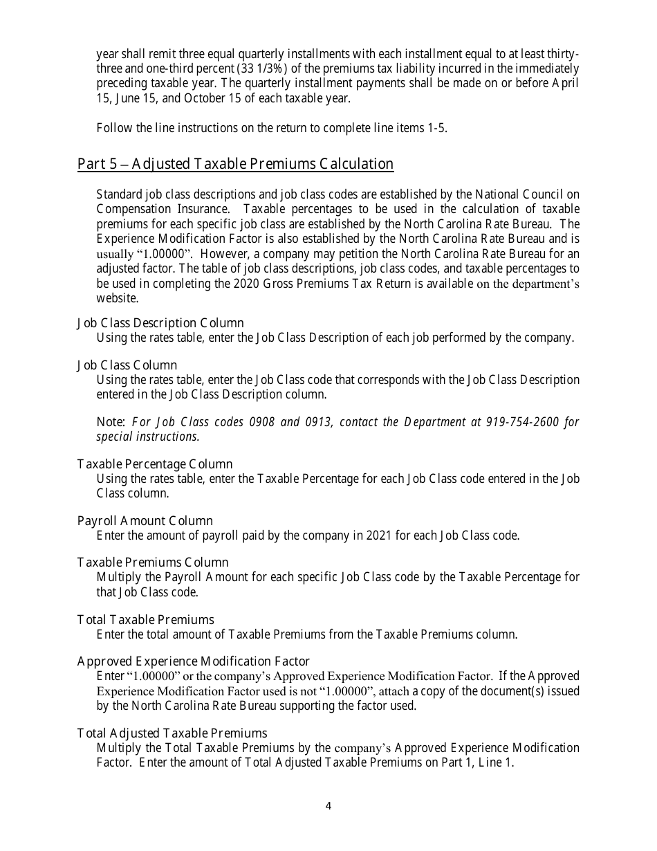 Instructions for Form IB-43 Gross Premiums Tax Return - Self-insured Workers Compensation Corporation - North Carolina, Page 4
