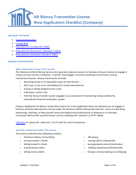 Ar Money Transmitter License New Application Checklist (Company) - Arkansas