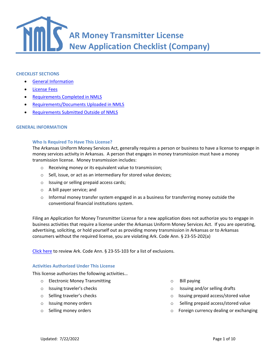 Ar Money Transmitter License New Application Checklist (Company) - Arkansas, Page 1