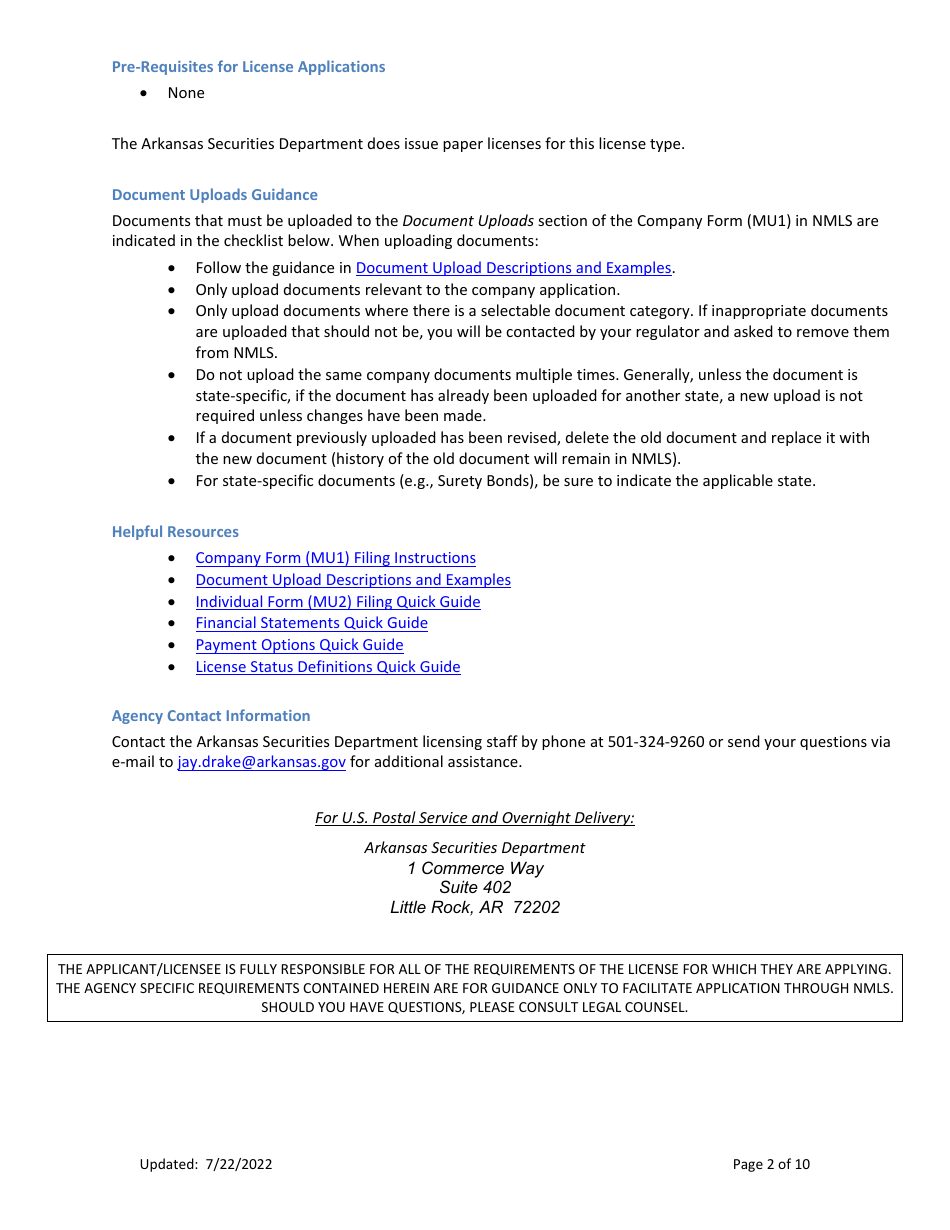 Ar Money Transmitter License New Application Checklist (Company) - Arkansas, Page 2