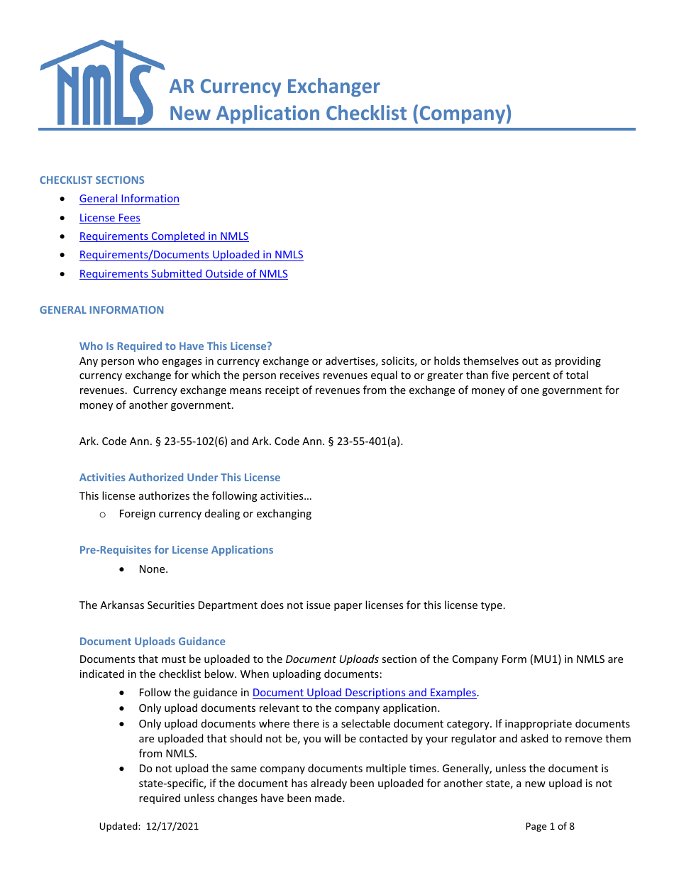 Ar Currency Exchanger New Application Checklist (Company) - Arkansas, Page 1