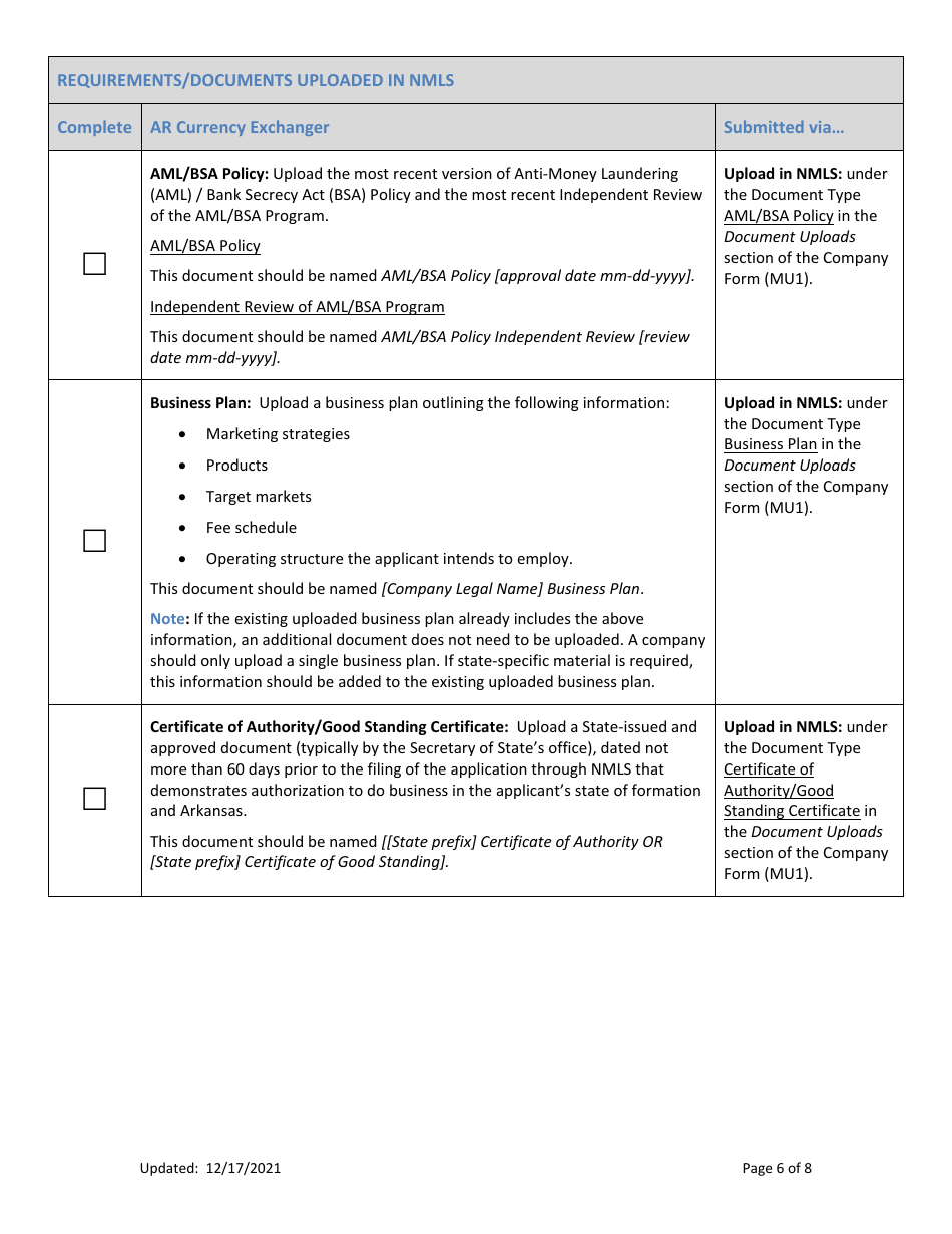 Ar Currency Exchanger New Application Checklist (Company) - Arkansas, Page 6