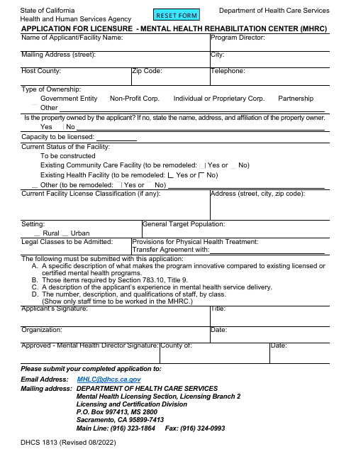 Form DHCS1813 Application for Licensure - Mental Health Rehabilitation Center (Mhrc) - California
