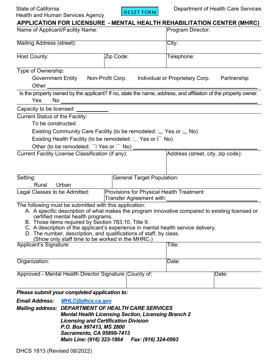 Form DHCS1813 Application for Licensure - Mental Health Rehabilitation Center (Mhrc) - California, Page 1