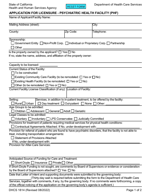Form DHCS1814 Application for Licensure - Psychiatric Health Facility (Phf) - California