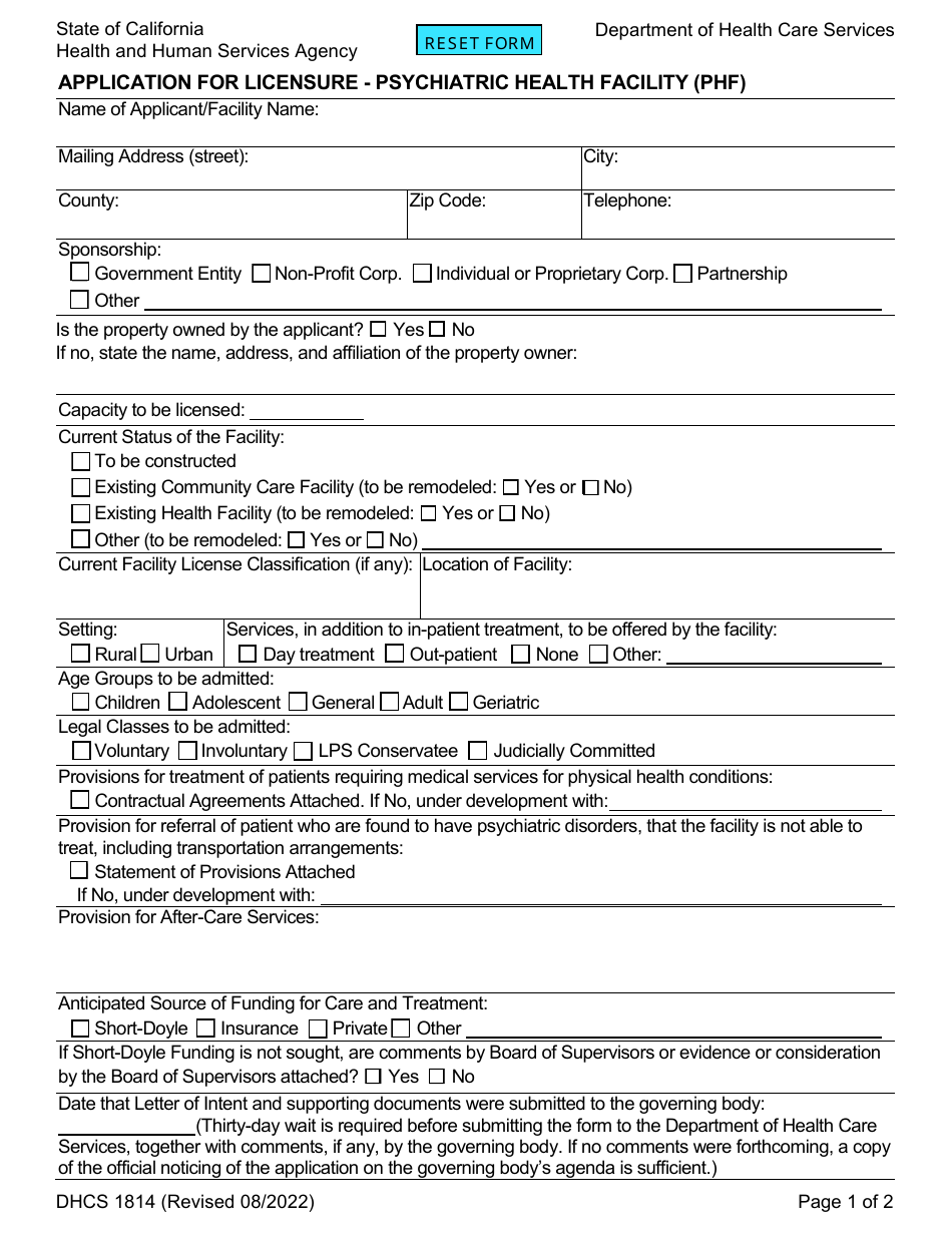 Form DHCS1814 Application for Licensure - Psychiatric Health Facility (Phf) - California, Page 1