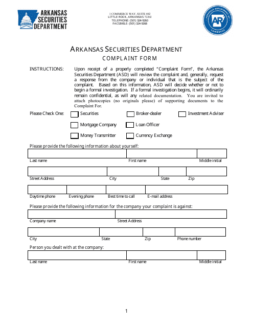 Complaint Form - Arkansas Download Pdf