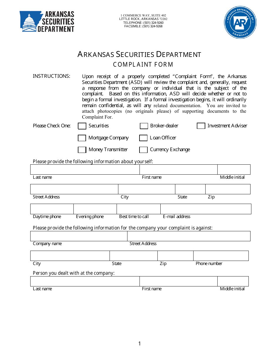Complaint Form - Arkansas, Page 1
