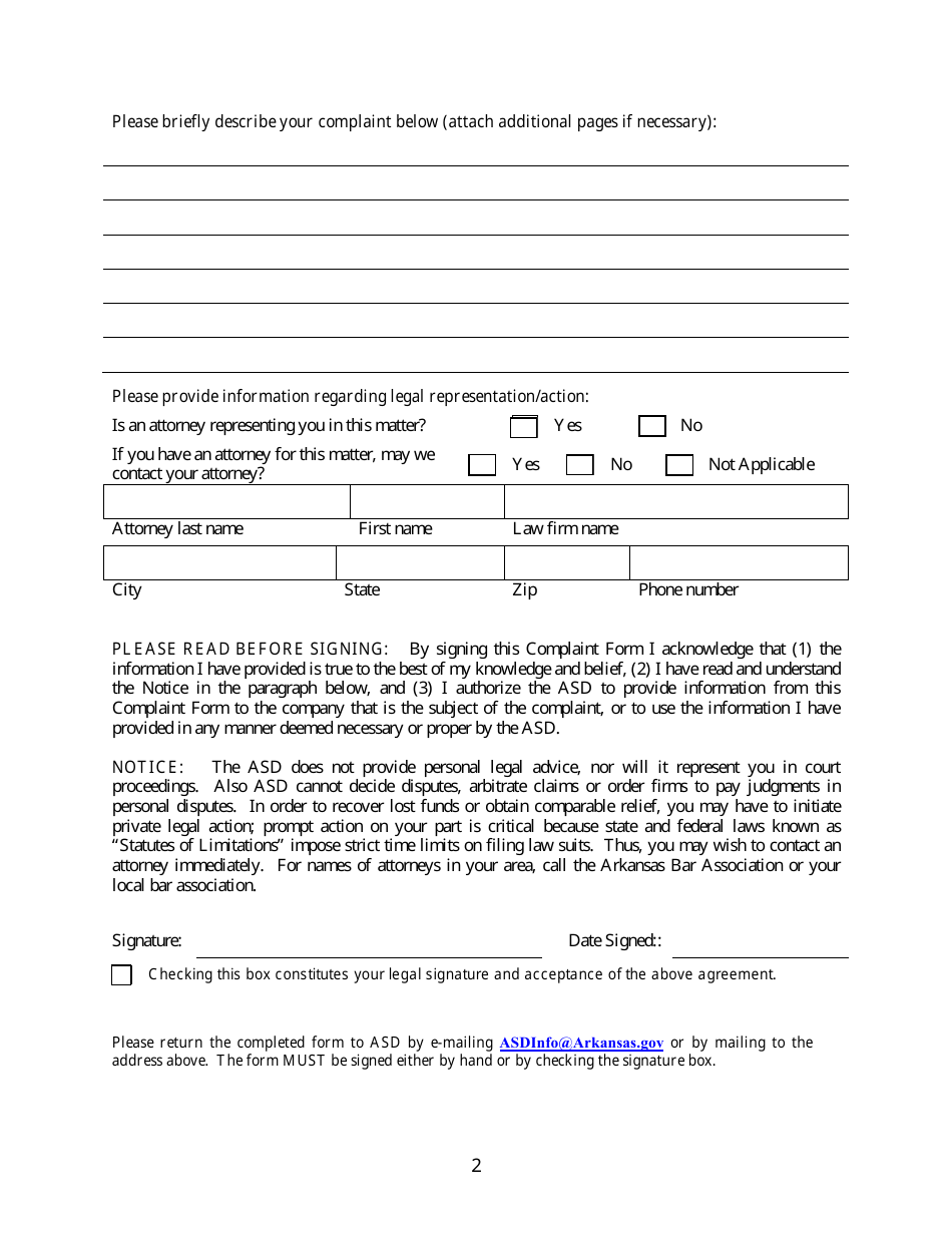 Complaint Form - Arkansas, Page 2