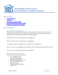 Document preview: Ar Mortgage Broker License New Application Checklist (Company) - Arkansas