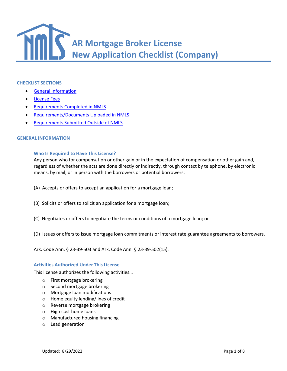 Ar Mortgage Broker License New Application Checklist (Company) - Arkansas, Page 1