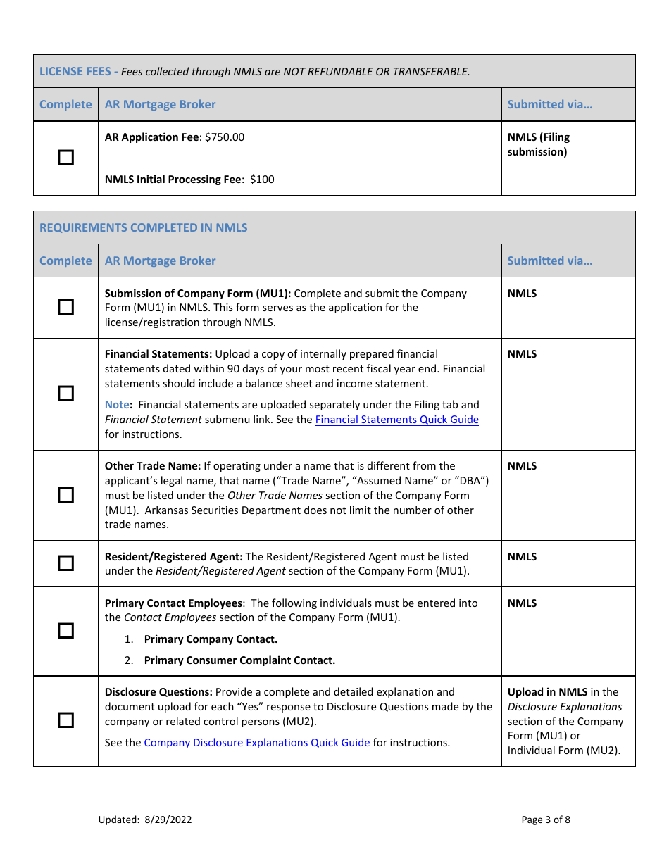 Ar Mortgage Broker License New Application Checklist (Company) - Arkansas, Page 3