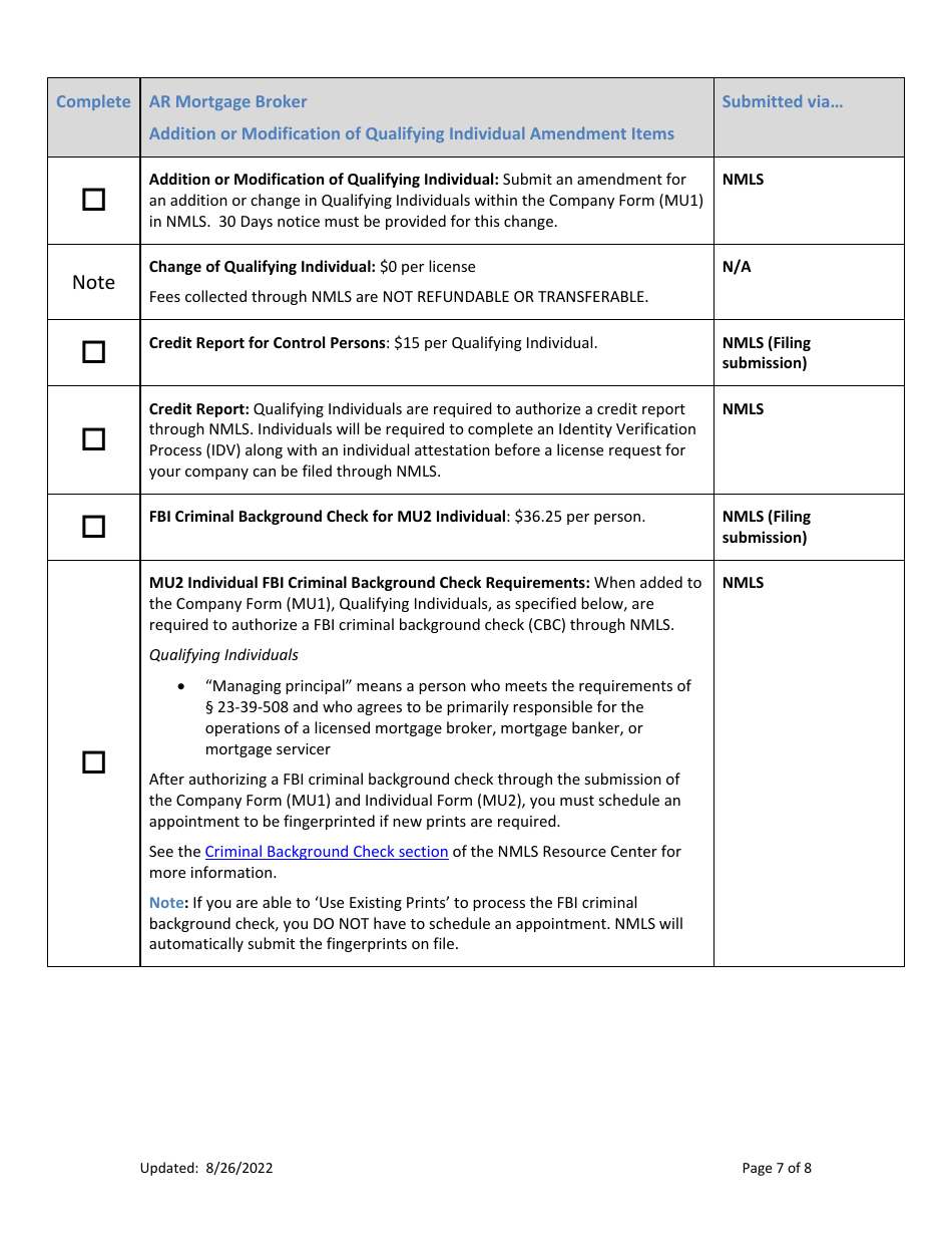 Ar Mortgage Broker License Amendment Checklist (Company) - Arkansas, Page 7
