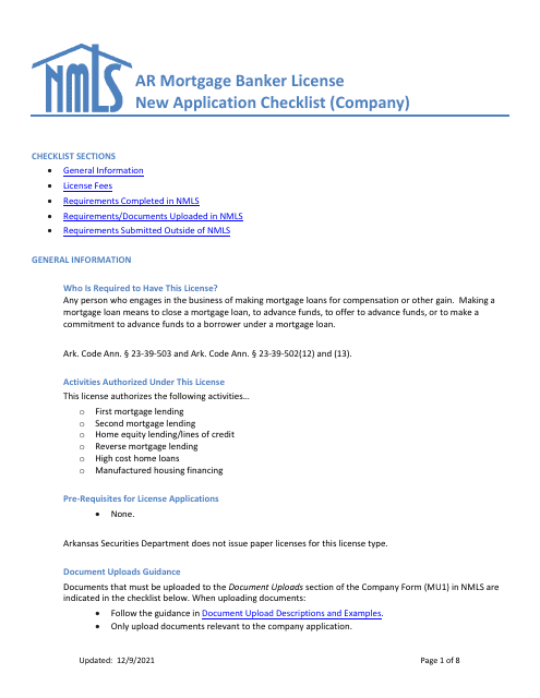 Ar Mortgage Broker License New Application Checklist (Company) - Arkansas Download Pdf