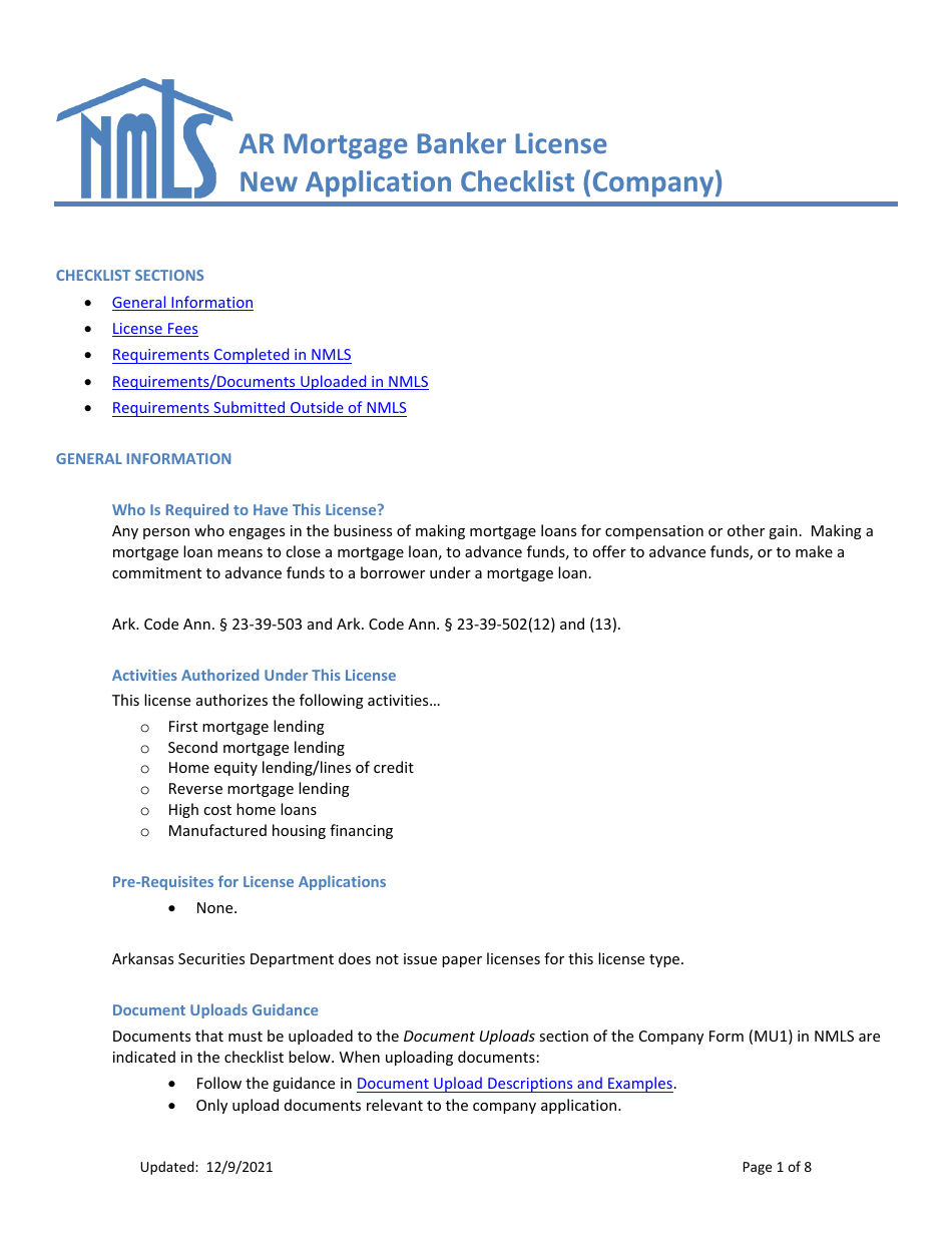 Ar Mortgage Broker License New Application Checklist (Company) - Arkansas, Page 1