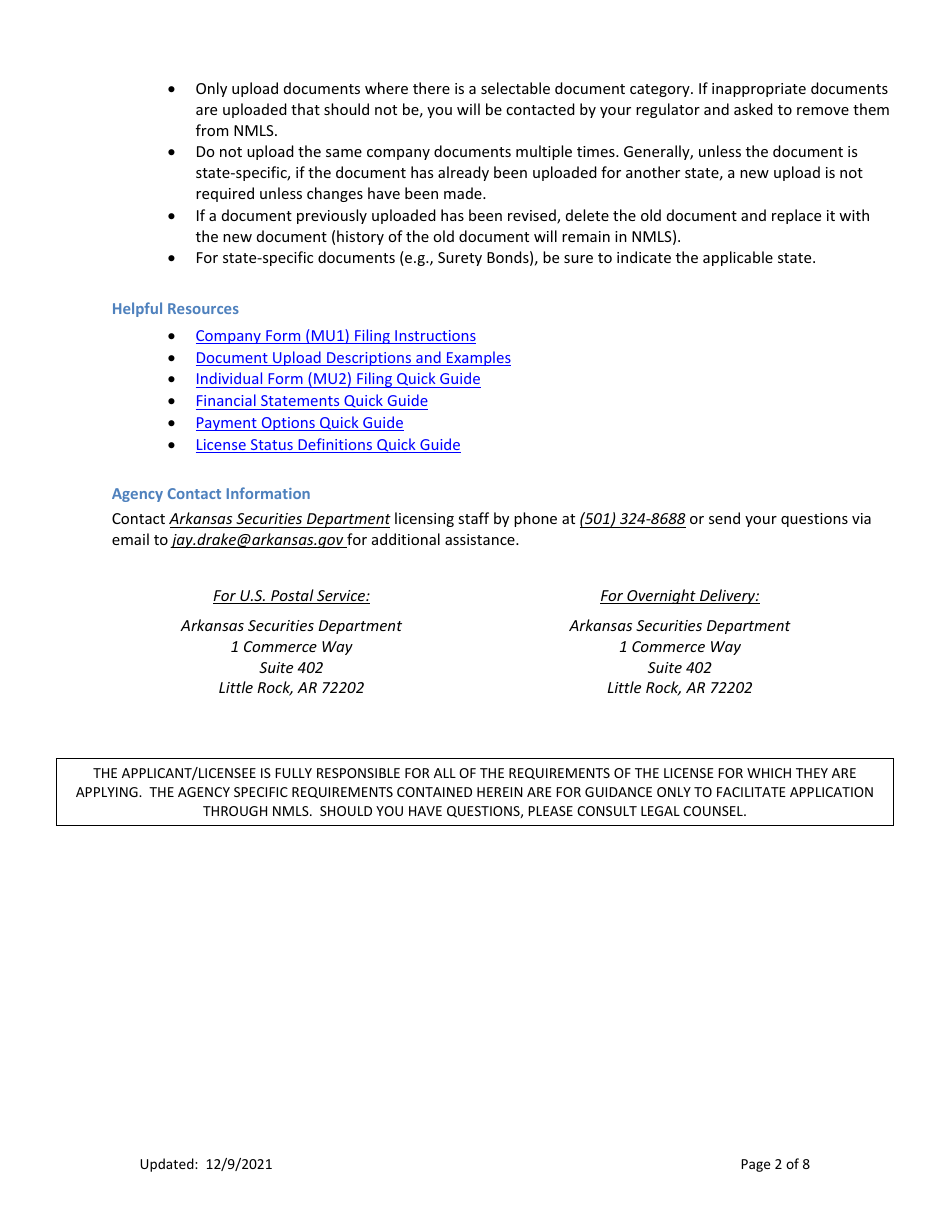 Ar Mortgage Broker License New Application Checklist (Company) - Arkansas, Page 2